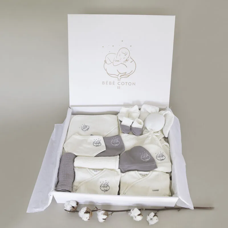 Coffret naissance Premium Bébé Coton ouvert : vêtements bébé en coton bio écru et gris