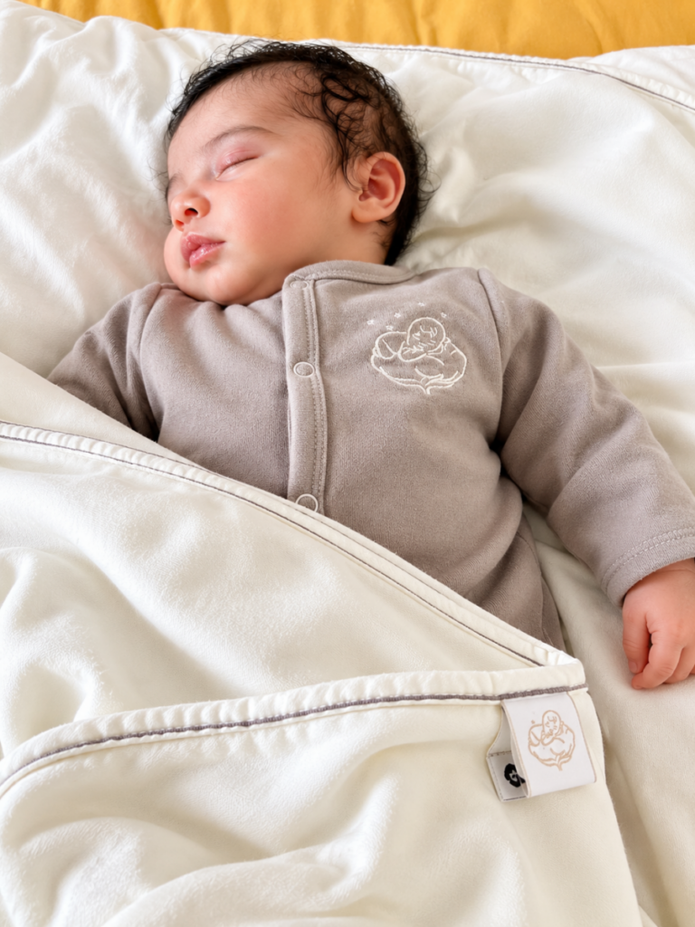 Bébé endormi en pyjama taupe Bébé Coton en coton bio, sur une couverture écrue