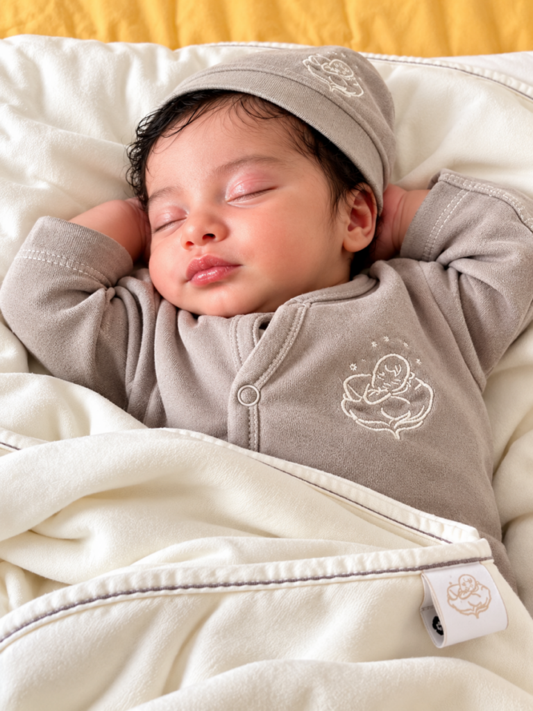 Bébé endormi bras levés, en pyjama et bonnet taupe Bébé Coton en coton bio