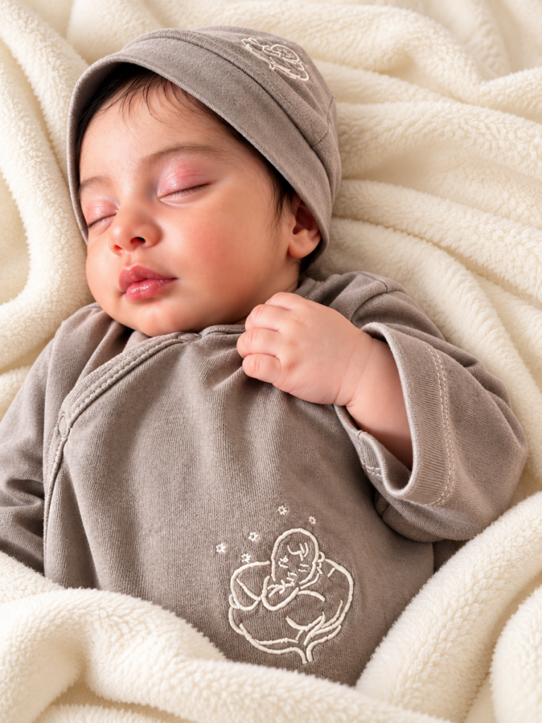 Nouveau-né endormi en pyjama taupe brodé et bonnet Bébé Coton en coton bio