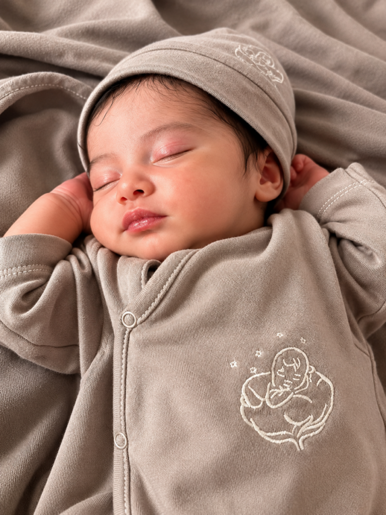 Nouveau-né endormi en pyjama et bonnet taupe Bébé Coton en coton bio, brodé du logo