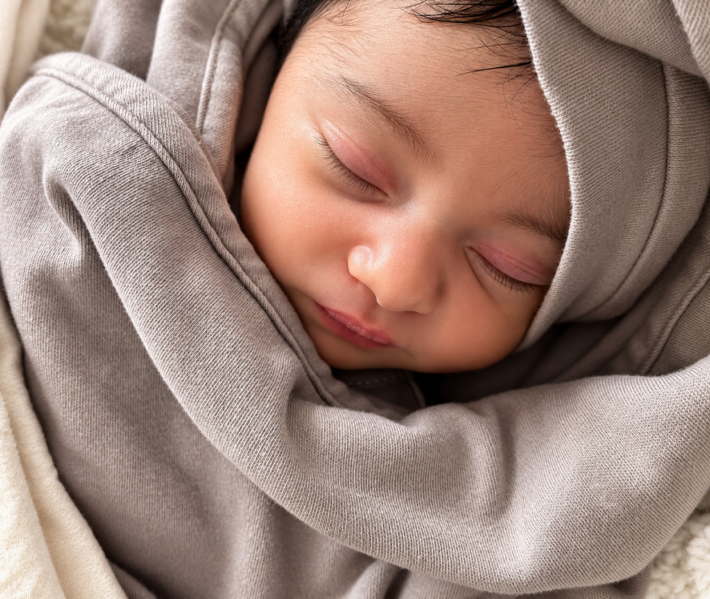 Gros plan d'un nouveau-né paisiblement endormi, emmailloté dans du coton bio taupe Bébé Coton