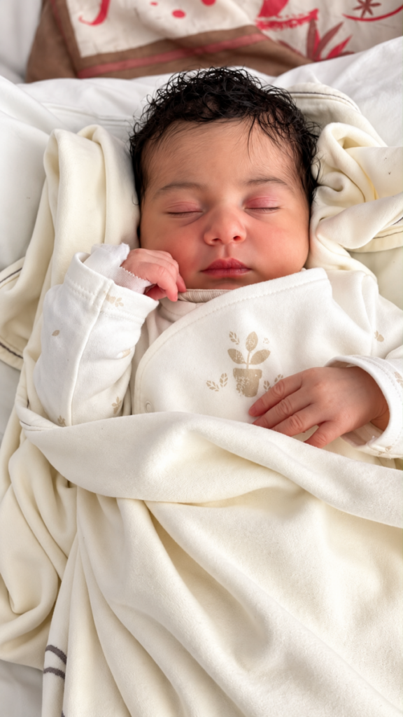 Nouveau-né endormi en pyjama écru Bébé Coton en coton bio, sous une couverture crème